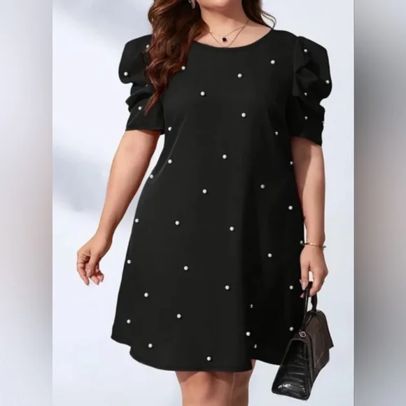 Black Puff Sleeve Dress with Beaded Pearl Accents - Picture 3 of 11